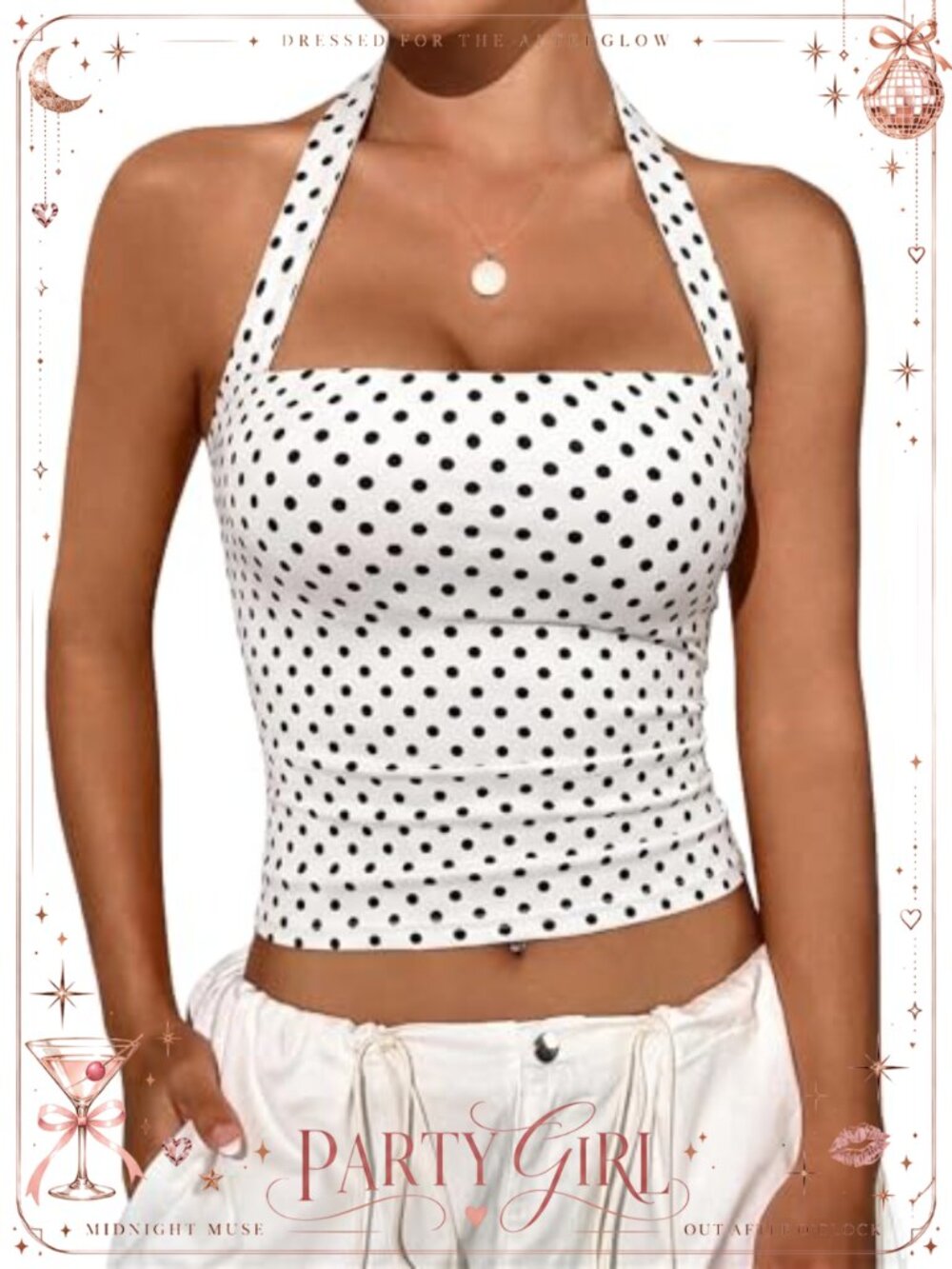 Y2K Polka Dot Halter Tank Top Backless Crop Women's